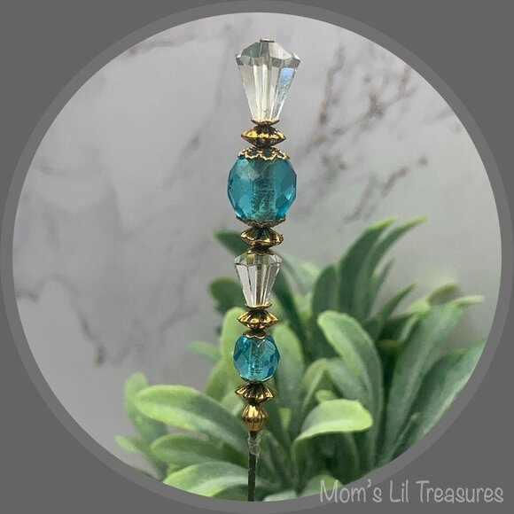 Turquoise Blue & Clear Crystal - Gold Tone Findings- 6” Pin • Hatpin • 4/25 - Picture 4 of 11